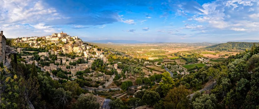 Gordes medieval village panorama sunset view, France, Europe