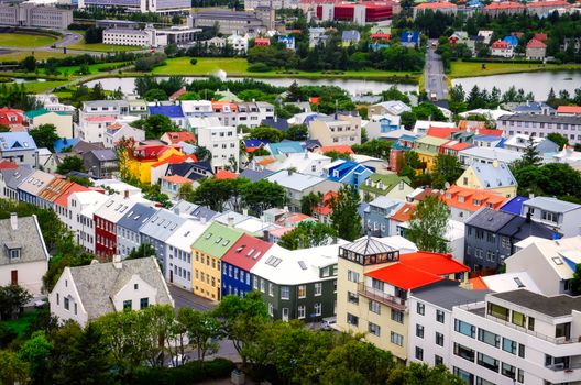 Reykjavik city bird view of colorful houses, Iceland