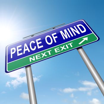 Illustration depicting a roadsign with a peace of mind concept. Sky background.