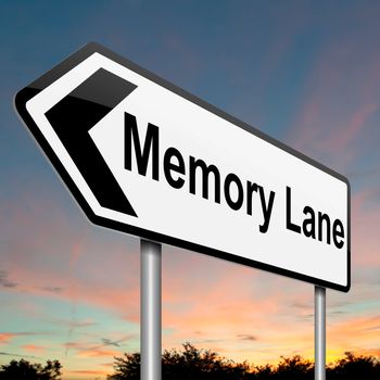 Illustration depicting a roadsign with a memory lane concept. Dusk sky background.
