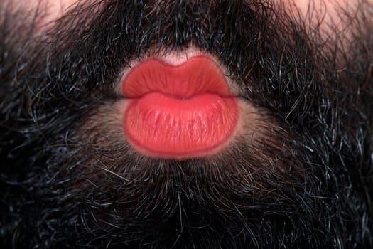 Kiss from a man with a beard who wearing lipstick