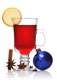 Mulled wine christmas still life isolated on white with soft reflection