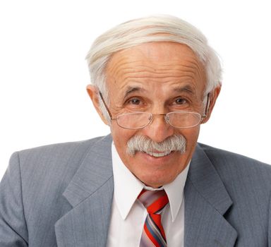 Portrait of an elder happy man on white background