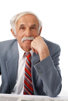 Portrait of an elder happy man on white background