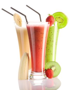Smoothies isolated on white - strawberry, kiwi & banana