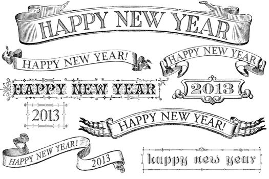 A set of distressed, old-style Happy New Year stamps for 2013. Similar in style to imprints from the 1800s.  Isolated on white.