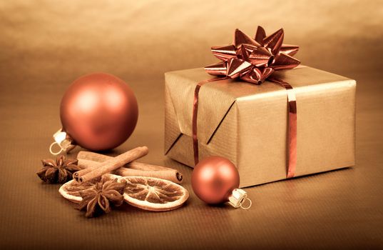 Christmas gift box with christmas balls with snow