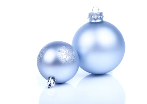 two Christmas balls, on a white background with copy space