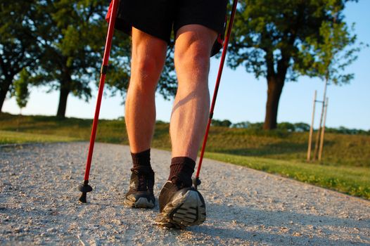 Closeup of man's legs with nordic walking poles