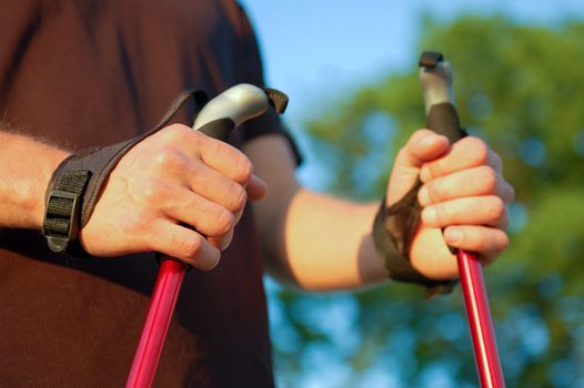 Closeup of man's hands holding nordic walking poles