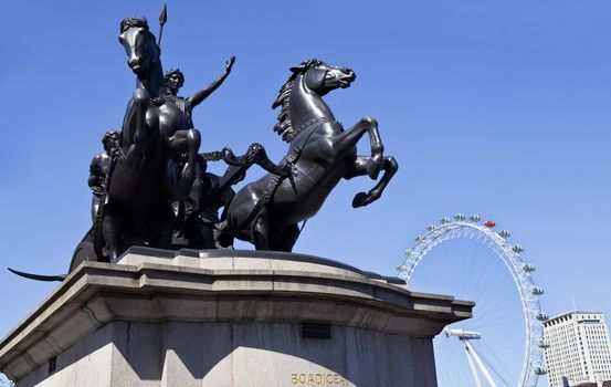 Queen Boudica/Boadicea Statue and the London Eye in Westminster.