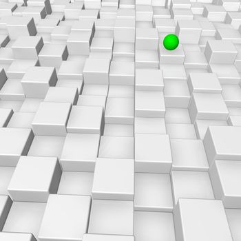 green sphere on white cubes surface - 3d illustration