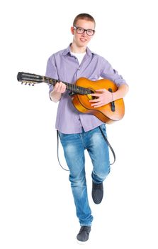 Cute boy with classical guitar. Isolated on white background