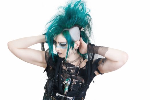 green haired postpunk girl on white background