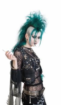 green haired postpunk girl smoking a cigarette on white background