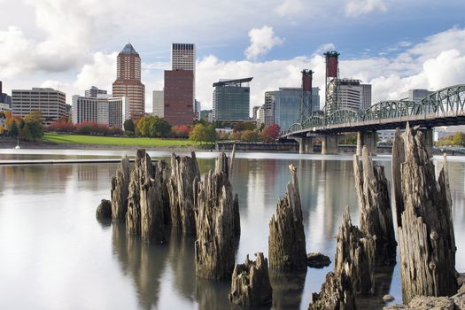 Portland Oregon Downtown City Skyline from the Waterfront of Willamette River in Autumn