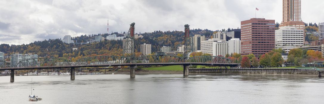 Historic Hawthorne Bridge Portland Oregon in Autumn Panorama