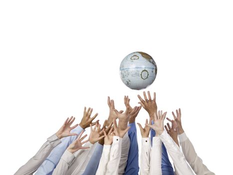diverse group of hands reaching a globe