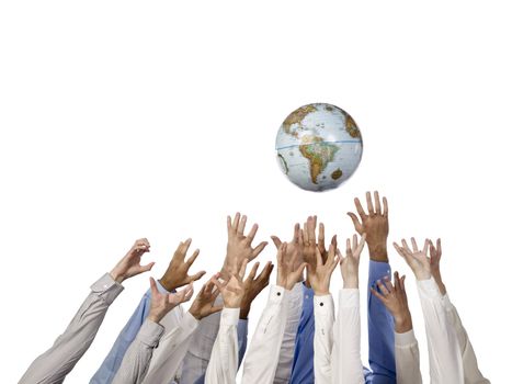 group of hands reaching the world globe