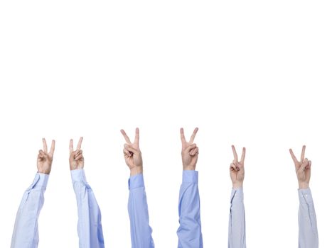 group of hand making a peace gesture