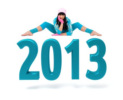 Young woman and 2013 New Year sign against isolated white background