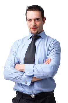  Portrait of successful businessman, smiling with his hands folded over white background. 