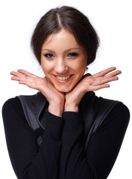 Portrait of a beautiful happy young girl, holding her open palms under her chin.