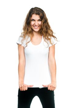Young beautiful women posing with blank white t-shirts. Ready for your design