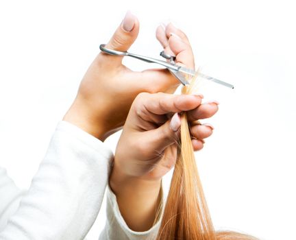 hairdresser cutting wet hair close-up, beauty salon
