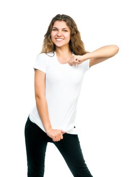 Young beautiful girl posing with blank white t-shirts. Ready for your design