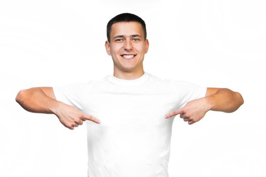 white t-shirt on a young smiling man isolated