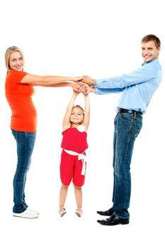 Cheerful family having fun indoors. Isolated against white