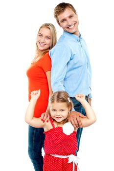 Caucasian family of three on a white background