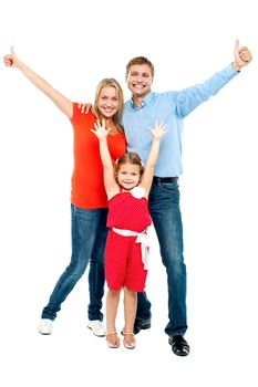 Beautiful smiling family. Father, mother and daughter. All on white background