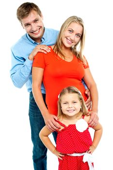 Snapshot of a complete family isolated against white background