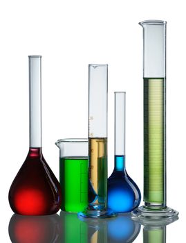 Chemical flasks with reagents isolated on white background