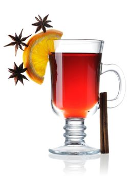 Hot mulled wine isolated on white with reflection