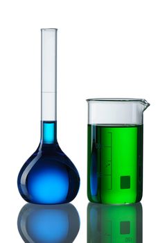 Chemical flasks with reagents isolated on white background