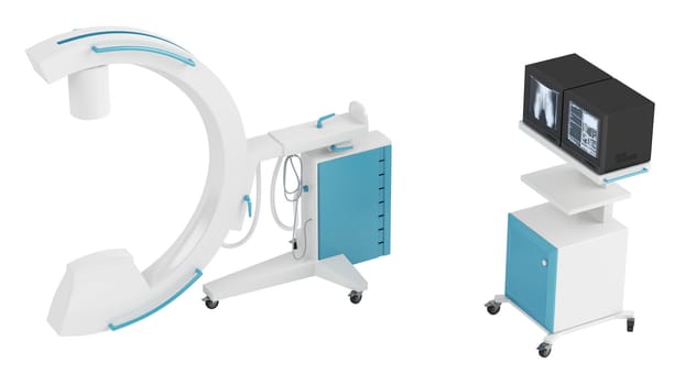 C-arm image intensifier used primarily for fluoroscopic imaging during surgical, orthopedic, critical care, and emergency care procedures isolated on white