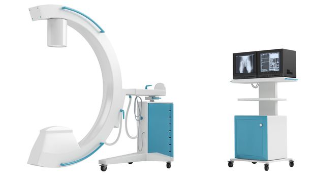 C-arm image intensifier used primarily for fluoroscopic imaging during surgical, orthopedic, critical care, and emergency care procedures isolated on white