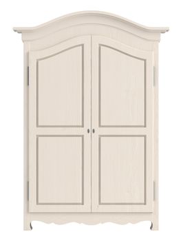 Rustic white painted wooden cupboard with a gable top isolated on white