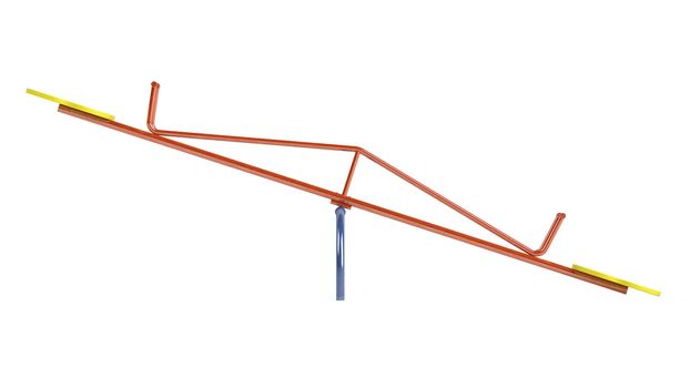 Dual see-saws mounted on a metal frame for use in a childrens playground isolated on a white background