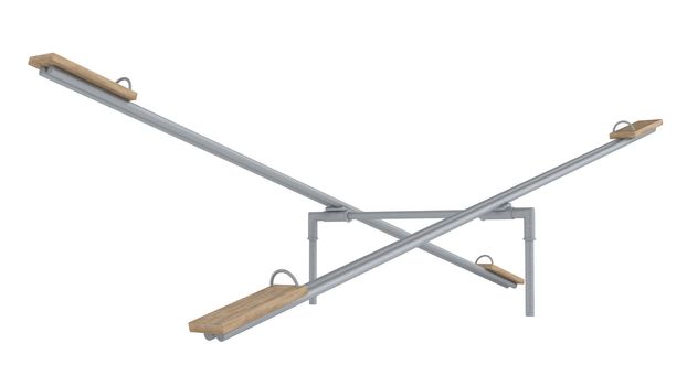 Dual playground seesaw or teetertotter used by children sitting either end riding up and down around the central fulcrum