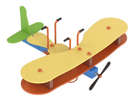 Bouncy aeroplane on springs for preschool children to ride on in a playground isolated on a white background