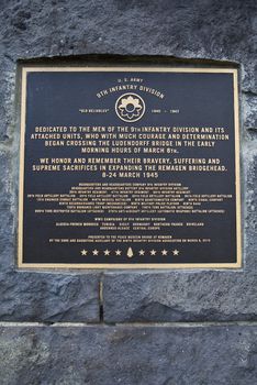 Plaque commemorating the battle for the Ludendorff bridge in Remagen during the 2nd World War.  The bridge capture was an important strategic event of WW2 because it was the only remaining bridge over the Rhine River into Germany's heartland and was also strong enough that the Allies could cross immediately with tanks and trucks full of supplies.