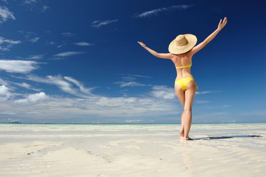 Girl on a tropical beach with outstretched arms