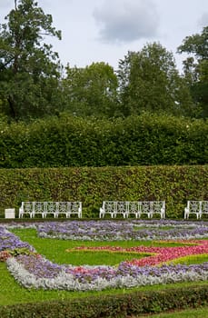 View of flower beds and benches in  Catherine Park, Tsarskoye Selo, Russia.