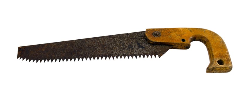 retro rusty crosscut hand saw handsaw tool isolated on white background.