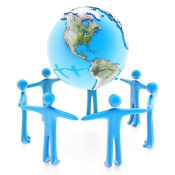 Peoples standing around the Earth planet holding hands, isolated on white background