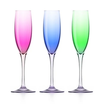 Three colorfull wineglasses (rose, green and blue) isolated on white background, 3d render